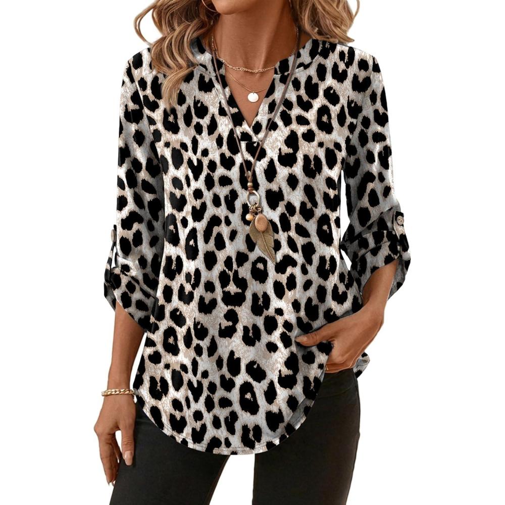 image:imageXIEERDUO 34 Length Sleeve Womens Tops V Neck T Shirts Both Side Buttons Blouses Business Casual Outfits Loose FitZ Leopard Print