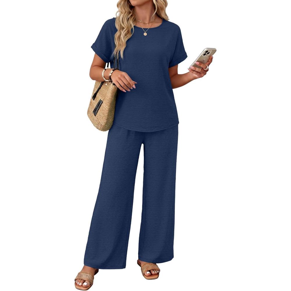 image:imageXIEERDUO Summer Sets For Women Linen Sets 2 Piece Matching Set Women Clothing Linen Pants Beach Vacation Outfits 2026Navy