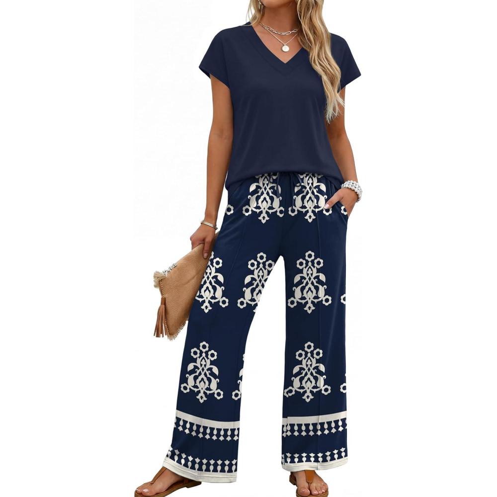 image:imageXIEERDUO Womens 2 Piece Sets Summer Beach Vacation Cruise Travel Outfits Printed Wide Leg Pant V Neck Cap Sleeve TopsEthnic Pattern