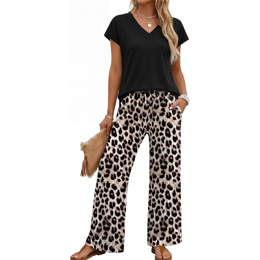 image:imageXIEERDUO Womens 2 Piece Sets Summer Beach Vacation Cruise Travel Outfits Printed Wide Leg Pant V Neck Cap Sleeve TopsLeopard Print
