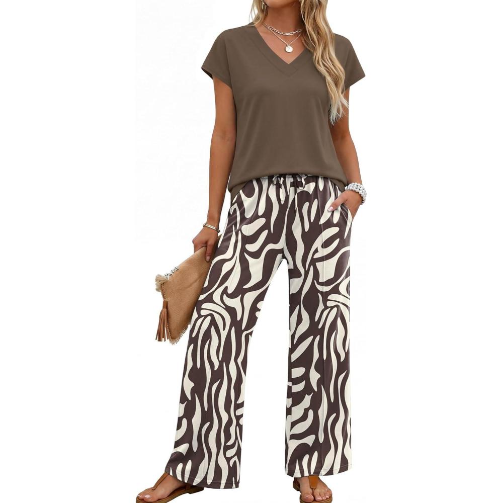 image:imageXIEERDUO Womens 2 Piece Sets Summer Beach Vacation Cruise Travel Outfits Printed Wide Leg Pant V Neck Cap Sleeve TopsZebra Stripes