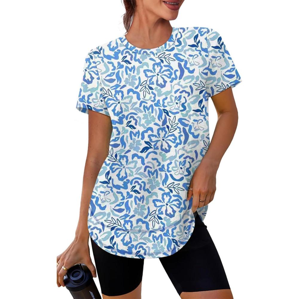 image:imageXIEERDUO Womens Workout Tops Short Sleeve Shirts Quick Dry Outfits for Hiking Running S3XL23 Blue White Floral