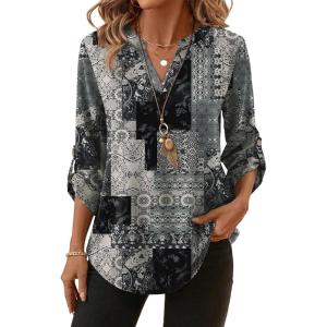 XIEERDUO 3/4 Length Sleeve Womens Tops V Neck T Shirts Both Side Buttons Blouses Business Casual Outfits Loose Fit(Z Charcoal Grey)
