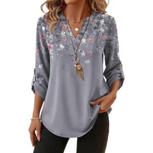 XIEERDUO 3/4 Length Sleeve Womens Tops V Neck T Shirts Both Side Buttons Blouses Business Casual Outfits Loose Fit(Z Floral Grey)