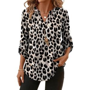 XIEERDUO 3/4 Length Sleeve Womens Tops V Neck T Shirts Both Side Buttons Blouses Business Casual Outfits Loose Fit(Z Leopard Print)