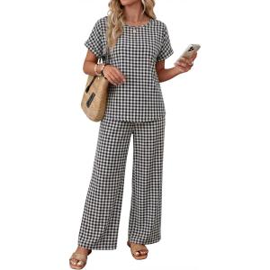XIEERDUO Summer Sets For Women Linen Sets 2 Piece Matching Set Women Clothing Linen Pants Beach Vacation Outfits 2026(Plaid)