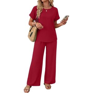 XIEERDUO Summer Sets For Women Linen Sets 2 Piece Matching Set Women Clothing Linen Pants Beach Vacation Outfits 2026(Red)