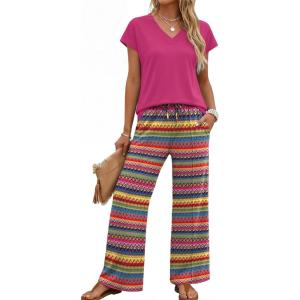 XIEERDUO Women’s 2 Piece Sets Summer Beach Vacation Cruise Travel Outfits Printed Wide Leg Pant V Neck Cap Sleeve Tops(Colorful Pattern)