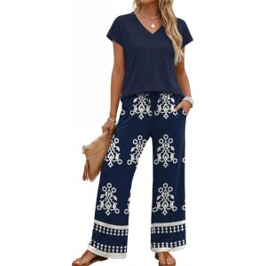 XIEERDUO Women’s 2 Piece Sets Summer Beach Vacation Cruise Travel Outfits Printed Wide Leg Pant V Neck Cap Sleeve Tops(Ethnic Pattern)