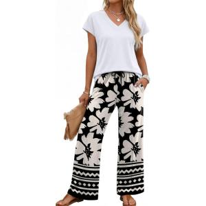 XIEERDUO Women’s 2 Piece Sets Summer Beach Vacation Cruise Travel Outfits Printed Wide Leg Pant V Neck Cap Sleeve Tops(Flower Pattern)