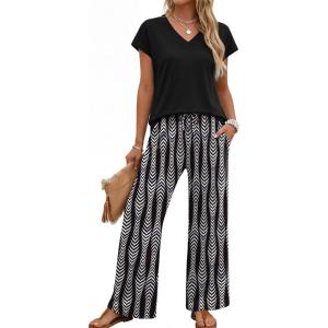 XIEERDUO Women’s 2 Piece Sets Summer Beach Vacation Cruise Travel Outfits Printed Wide Leg Pant V Neck Cap Sleeve Tops(Leaf Pattern)