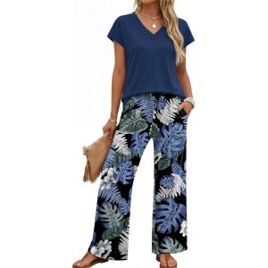 XIEERDUO Women’s 2 Piece Sets Summer Beach Vacation Cruise Travel Outfits Printed Wide Leg Pant V Neck Cap Sleeve Tops(Palm Flowers)