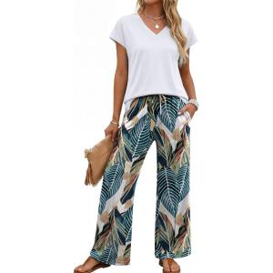 XIEERDUO Women’s 2 Piece Sets Summer Beach Vacation Cruise Travel Outfits Printed Wide Leg Pant V Neck Cap Sleeve Tops(Palm Leaves)