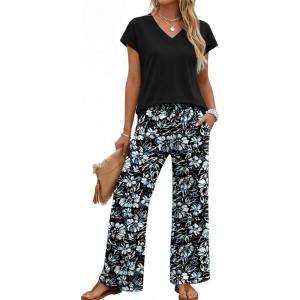 XIEERDUO Women’s 2 Piece Sets Summer Beach Vacation Cruise Travel Outfits Printed Wide Leg Pant V Neck Cap Sleeve Tops(Resort Print)