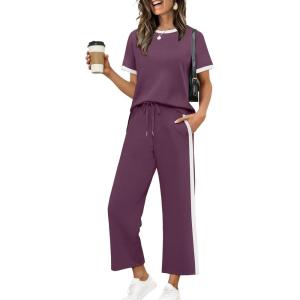 XIEERDUO Women’s Side Slit Lounge Sets 2026 Fashion 2 Piece Travel Outfits Cozy Loungewear Wide Leg Tracksuits S-3XL(Stripe Purple)