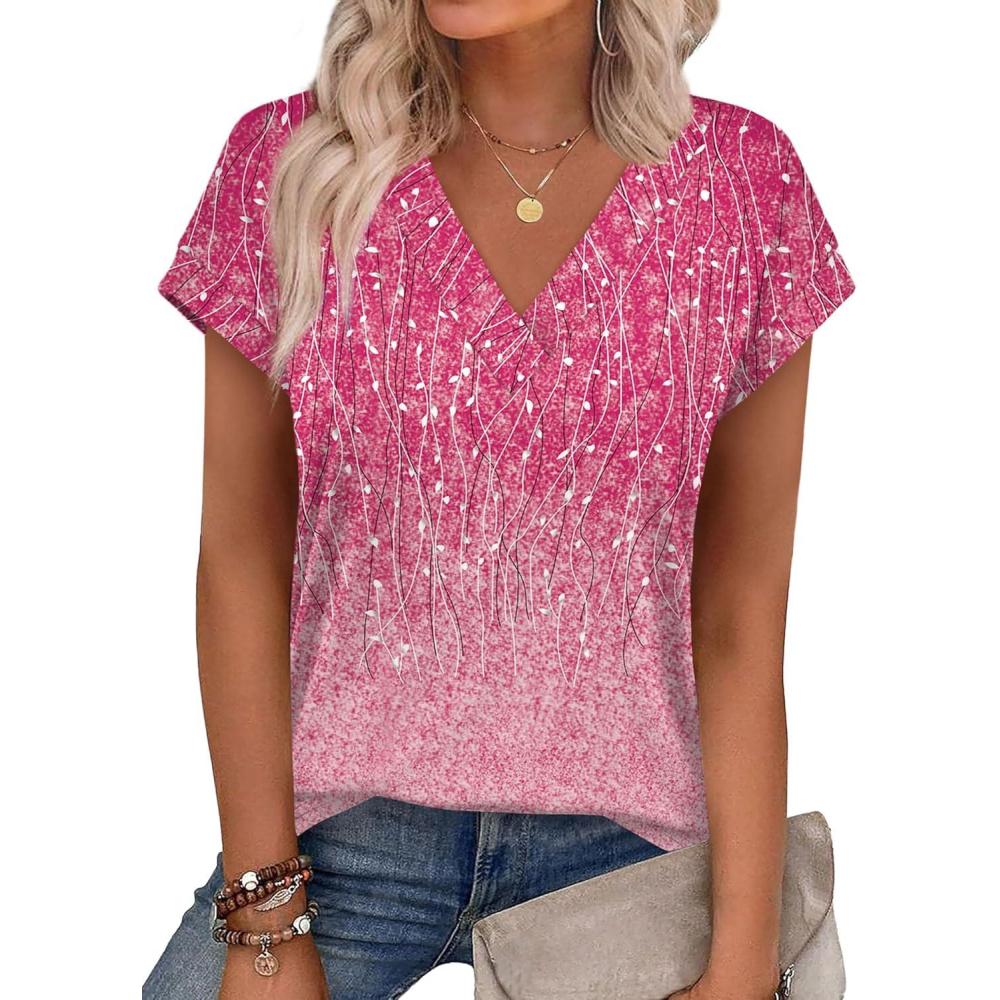 image:imageXIEERDUO Womens Summer Tops Short Sleeve Shrits 2026 Trendy V Neck Spring Outfits Beach Vacation ClothesPatternedpink Gradient