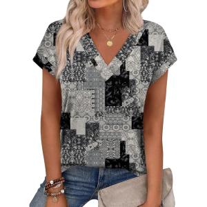 XIEERDUO Womens Summer Tops Short Sleeve Shrits 2026 Trendy V Neck Spring Outfits Beach Vacation Clothes(Patterned-grey Print)
