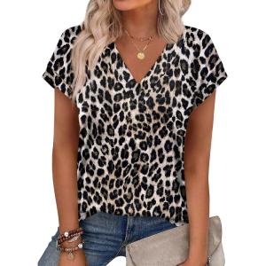 XIEERDUO Womens Summer Tops Short Sleeve Shrits 2026 Trendy V Neck Spring Outfits Beach Vacation Clothes(Patterned-leopard Print)