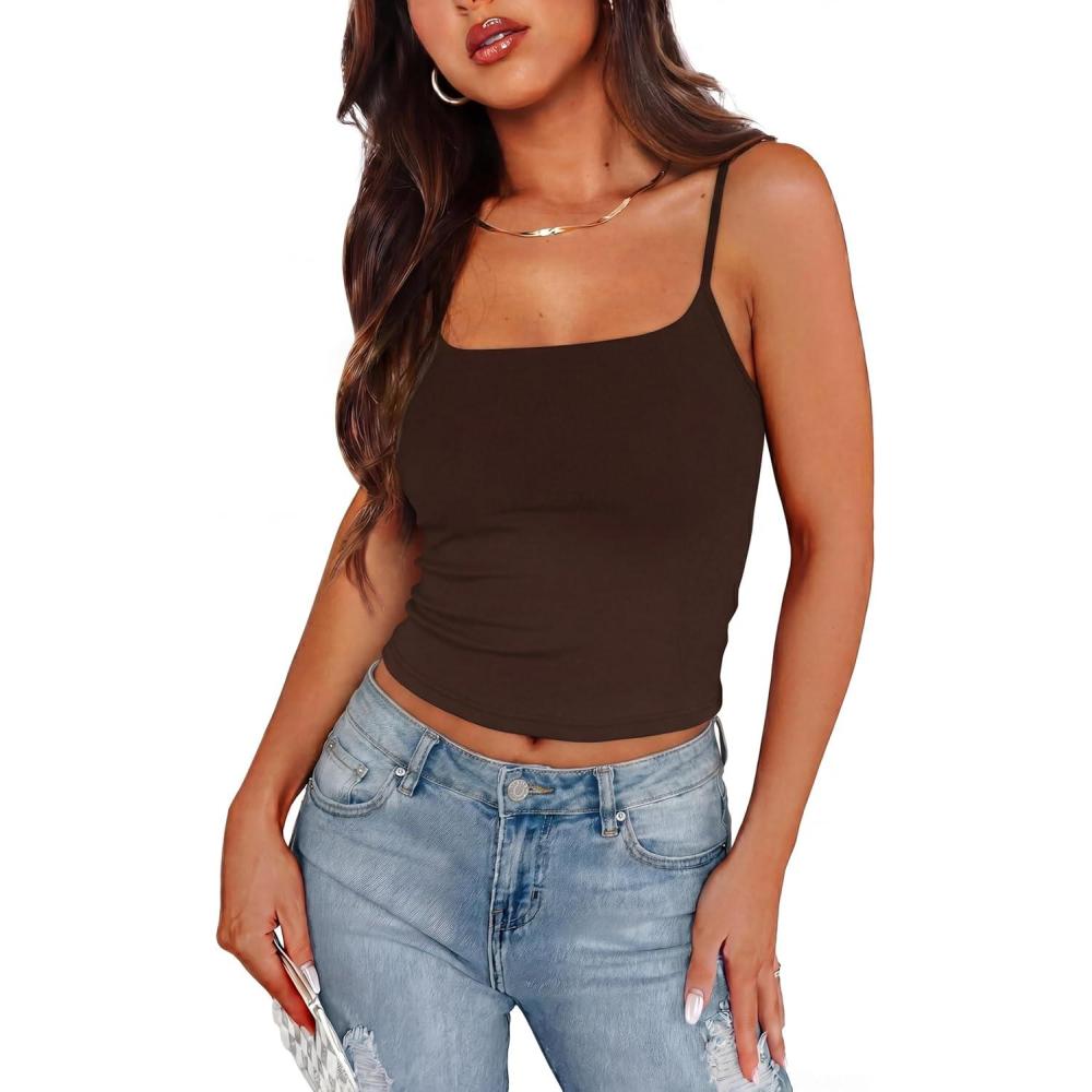 image:imageXIEERDUO Womens Fitted Tank Tops Slim Fit Shirts 2026 Basic Workout Spaghetti Strap Spring Summer Fashion ClothingB Spaghetti Strap Coffee