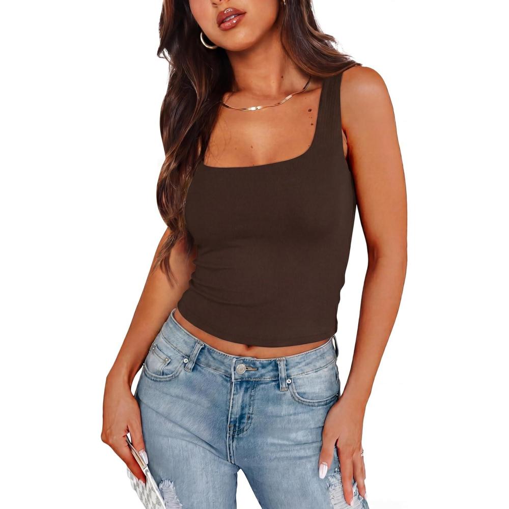 image:imageXIEERDUO Womens Square Neck Fitted Tank Tops Slim Fit Shirts 2026 Basic Workout Shirts Spring Summer Outfits Fashion ClothingA Cropped Tank Top Coffee