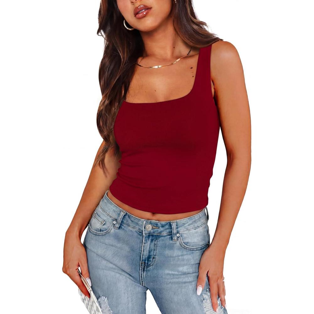 image:imageXIEERDUO Womens Square Neck Fitted Tank Tops Slim Fit Shirts 2026 Basic Workout Shirts Spring Summer Outfits Fashion ClothingA Cropped Tank Top Red
