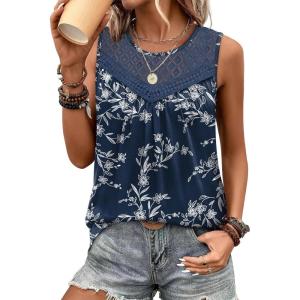 Womens Tops Dressy Casual Lace Crochet Tank Tops for Women Flowy Crewneck Sleeveless Blouses for Work Vacation Summer Outfits Blue Floral L