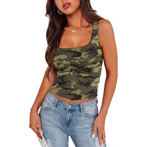 XIEERDUO Womens Square Neck Fitted Tank Tops Slim Fit Shirts 2026 Basic Workout Shirts Spring Summer Outfits Fashion Clothing(A Cropped Tank Top Camo)