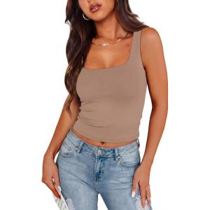 XIEERDUO Womens Square Neck Fitted Tank Tops Slim Fit Shirts 2026 Basic Workout Shirts Spring Summer Outfits Fashion Clothing(A Cropped Tank Top Khaki)