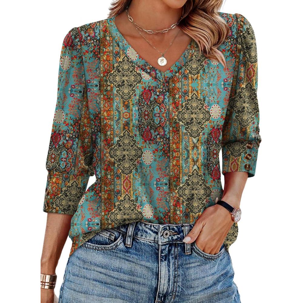 image:imageXIEERDUO Womens 34 Sleeve Tops with Buttons VNeck Summer Outfits Casual Blouses Shirts Beach Vacation Fall Clothes 2026Fvintage Boho