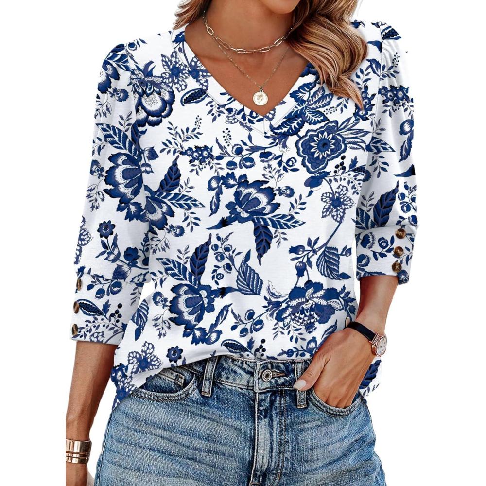 image:imageXIEERDUO Womens 34 Sleeve Tops with Buttons VNeck Summer Outfits Casual Blouses Shirts Beach Vacation Fall Clothes 2026Fwhite Tribal Blue Floral