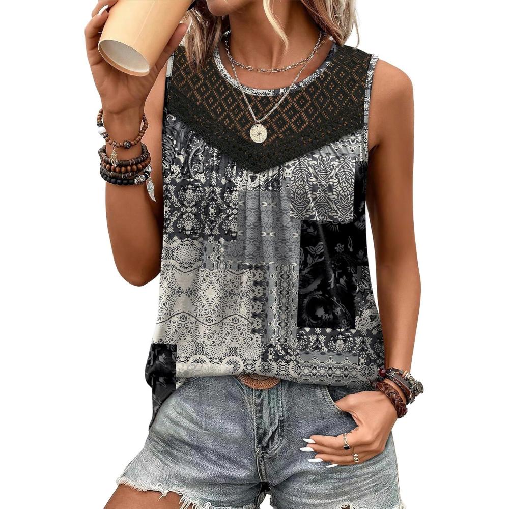 image:imageXIEERDUO Womens Tank Tops Sleeveless Lace Crochet Boho Tops Loose Fit Pleated Tunics Crewneck Summer Vacation Outfits FlowyPatternedgrey Print