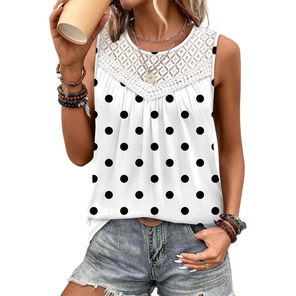 image:imageXIEERDUO Womens Tank Tops Sleeveless Lace Crochet Boho Tops Loose Fit Pleated Tunics Crewneck Summer Vacation Outfits FlowyPatternedpolka Dots