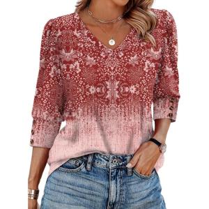 XIEERDUO Womens 3/4 Sleeve Tops with Buttons V-Neck Summer Outfits Casual Blouses Shirts Beach Vacation Fall Clothes 2026(F-blush Gradient)