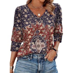 XIEERDUO Womens 3/4 Sleeve Tops with Buttons V-Neck Summer Outfits Casual Blouses Shirts Beach Vacation Fall Clothes 2026(F-boho Medallion)
