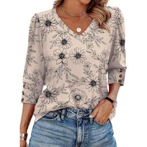 XIEERDUO Womens 3/4 Sleeve Tops with Buttons V-Neck Summer Outfits Casual Blouses Shirts Beach Vacation Fall Clothes 2026(F-khaki Ink Floral)