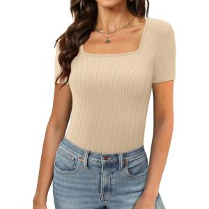 XIEERDUO Womens Square Neck Short/Long SleeveTops 2024 Spring Summer Slim Fit Tees Shirts(A Short Sleeve Ribbed Aapricot)