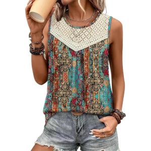 XIEERDUO Womens Tank Tops Sleeveless Lace Crochet Boho Tops Loose Fit Pleated Tunics Crewneck Summer Vacation Outfits Flowy(Patterned-boho Print)