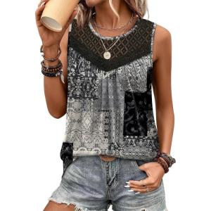 XIEERDUO Womens Tank Tops Sleeveless Lace Crochet Boho Tops Loose Fit Pleated Tunics Crewneck Summer Vacation Outfits Flowy(Patterned-grey Print)