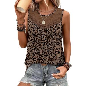 XIEERDUO Womens Tank Tops Sleeveless Lace Crochet Boho Tops Loose Fit Pleated Tunics Crewneck Summer Vacation Outfits Flowy(Patterned-leopard Print)