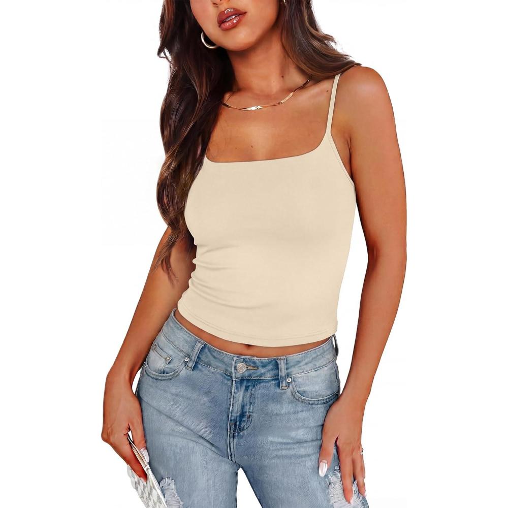 image:imageXIEERDUO Womens Square Neck Fitted Tank Tops Double Layer Seamless Slim Fit Shirts 2025 Basic Spring SummerB Spaghetti Strap Apricot