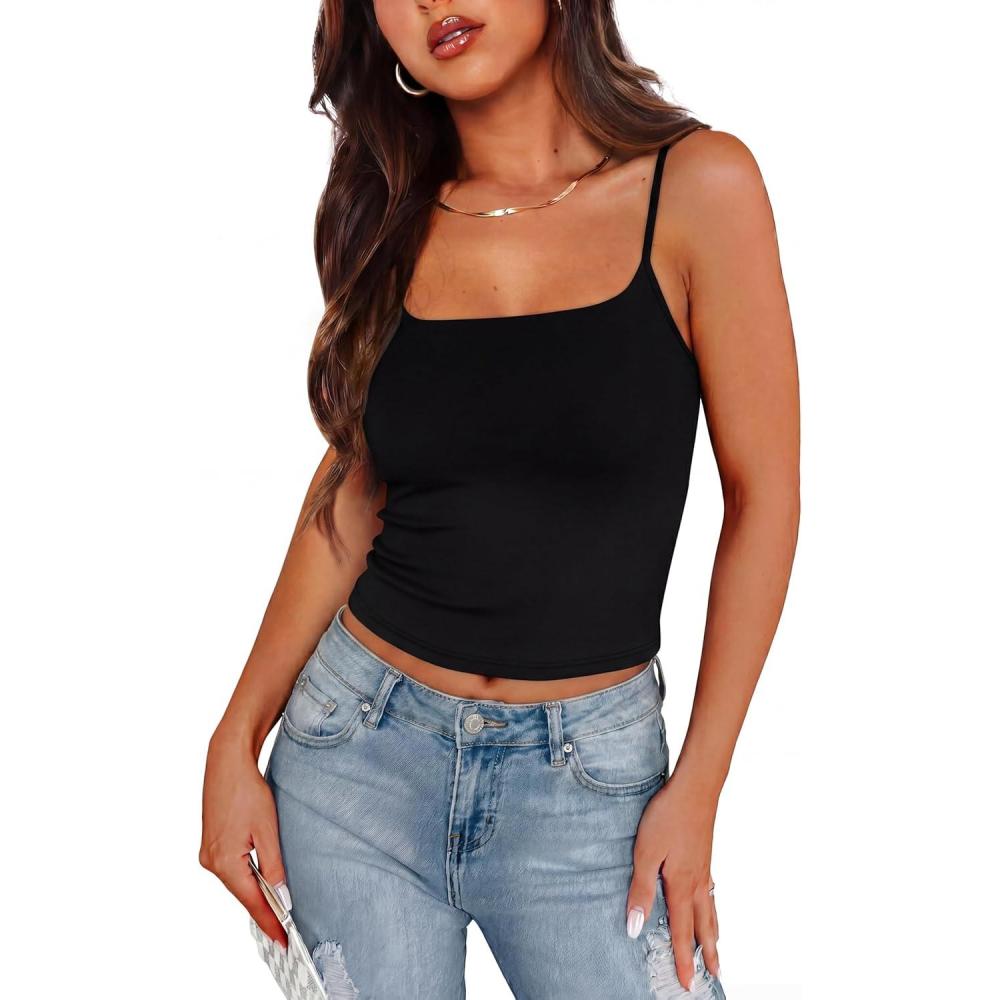 image:imageXIEERDUO Womens Square Neck Fitted Tank Tops Double Layer Seamless Slim Fit Shirts 2025 Basic Spring SummerB Spaghetti Strap Black