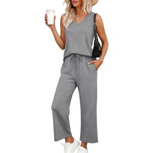 XIEERDUO Two Piece Sets for Women Summer Vacation Travel Outfits V Neck Lounge Matching Sets(Grey)