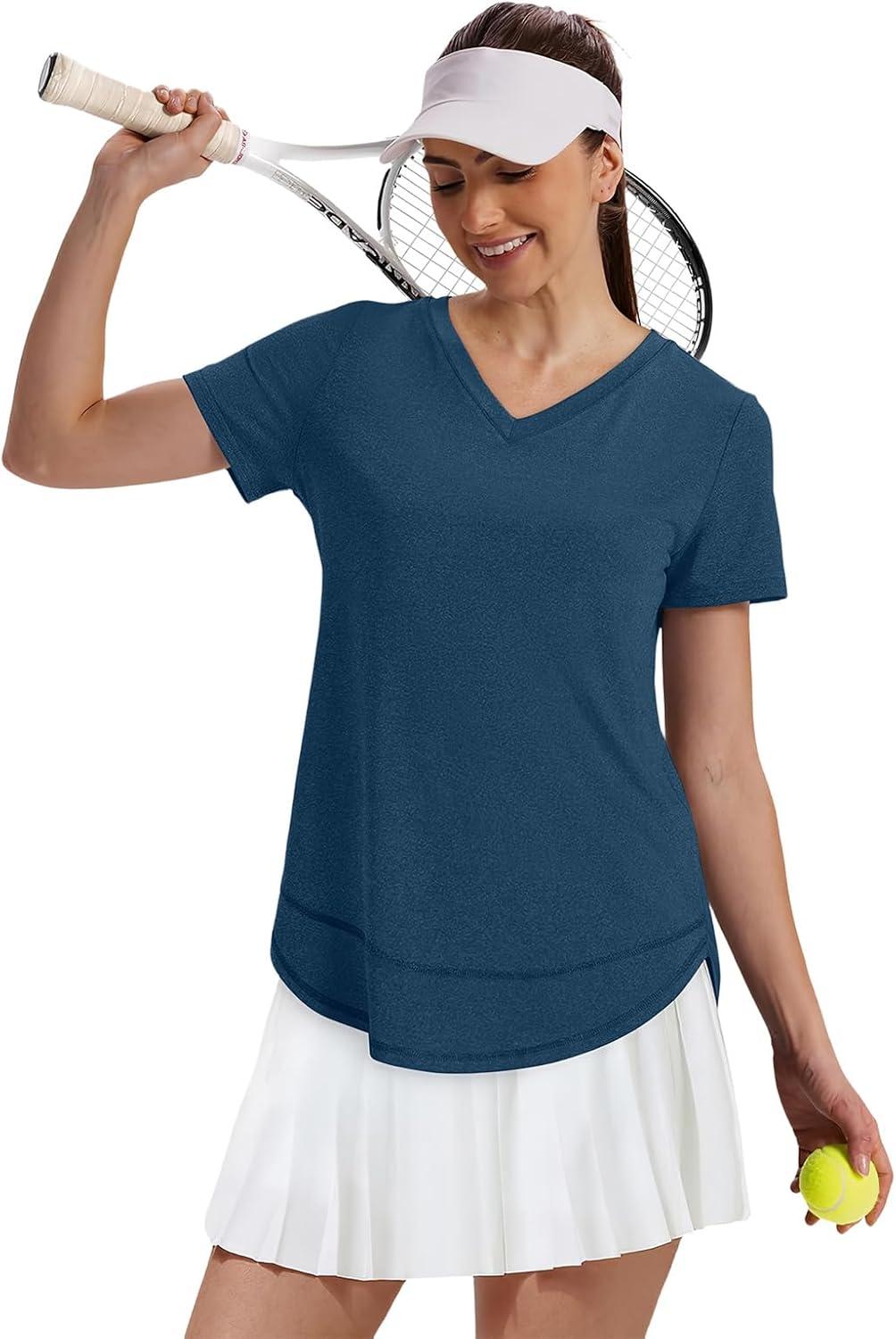 image:imageXIEERDUO Womens Workout Tops Short Sleeve Shirts Sun Protection UPF 50 Quick Dry Outfits for Hiking Running V Neck S3XL10 Dark Navy Blue