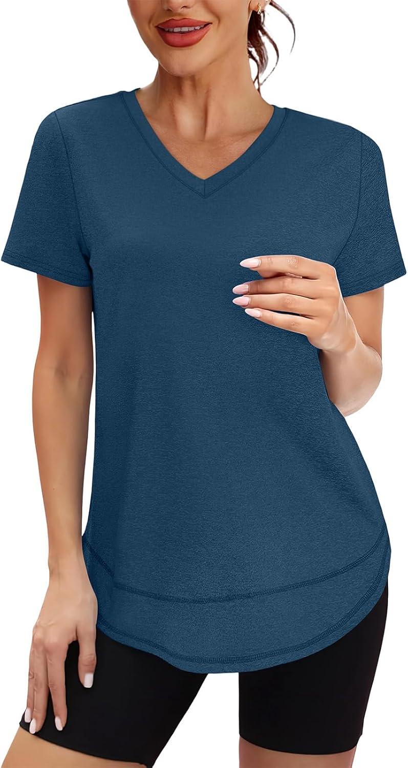 image:imageXIEERDUO Womens Workout Tops Short Sleeve Shirts Sun Protection UPF 50 Quick Dry Outfits for Hiking Running V Neck S3XL10 Dark Navy Blue