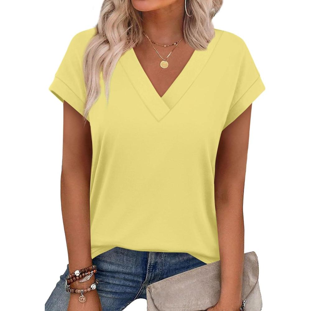 image:imageXIEERDUO Womens Summer Tops Short Sleeve Shrits 2026 Trendy V Neck Spring Outfits Beach Vacation ClothesButter Yellow