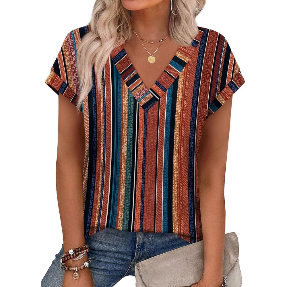 image:imageXIEERDUO Womens Summer Tops Short Sleeve Shrits 2026 Trendy V Neck Spring Outfits Beach Vacation ClothesPatternedboho Brown Striped