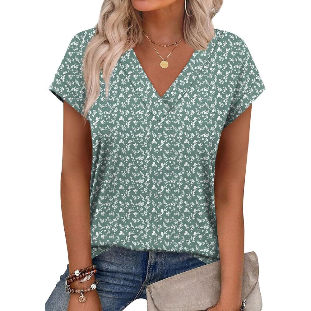 image:imageXIEERDUO Womens Summer Tops Short Sleeve Shrits 2026 Trendy V Neck Spring Outfits Beach Vacation ClothesPatternedgreen Floral