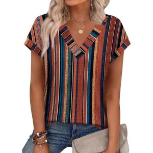 XIEERDUO Womens Summer Tops Short Sleeve Shrits 2026 Trendy V Neck Spring Outfits Beach Vacation Clothes(Patterned-boho Brown Striped)