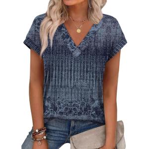 XIEERDUO Womens Summer Tops Short Sleeve Shrits 2026 Trendy V Neck Spring Outfits Beach Vacation Clothes(Patterned-boho Navy)