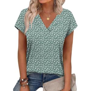 XIEERDUO Womens Summer Tops Short Sleeve Shrits 2026 Trendy V Neck Spring Outfits Beach Vacation Clothes(Patterned-green Floral)